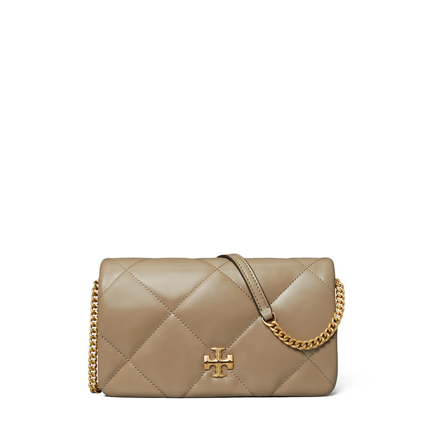 Tory Burch ベージュ キルティグチェーンウォレット Tory Burch - Kira Diamond Quilt Chain Wallet Taupe Oak Handbag