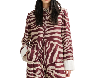 Essentiel Antwerp - Off-white and burgundy zebra-jacquard shirt with rhinestone-encrushed button