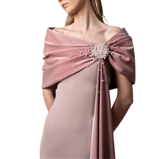 Jean-Louis Sabaji - Vintage rose crêpe dress with a draped embroidered velvet neckline