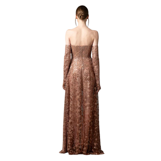 Embroidered tulle gown in brown