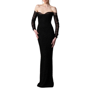Off the shoulder embroidered black crêpe dress with tulle sleeves