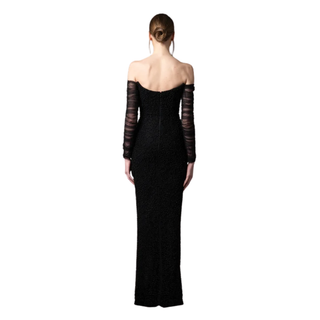 Off the shoulder embroidered black crêpe dress with tulle sleeves