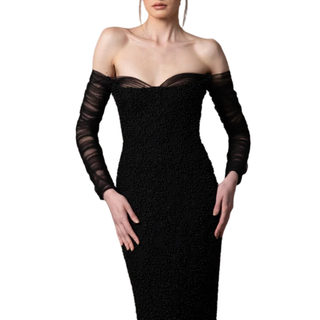 Off the shoulder embroidered black crêpe dress with tulle sleeves