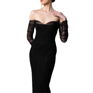 Off the shoulder embroidered black crêpe dress with tulle sleeves