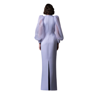 Scuba crêpe dress with puffed organza sleeves and crystal embroidered cuffs and pockets