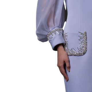 Scuba crêpe dress with puffed organza sleeves and crystal embroidered cuffs and pockets