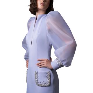 Scuba crêpe dress with puffed organza sleeves and crystal embroidered cuffs and pockets