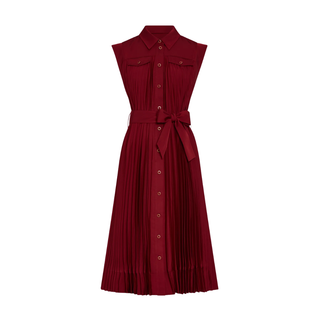 Milly - Johanna Pleated Twill Midi Dress in Burgundy