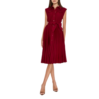 Milly - Johanna Pleated Twill Midi Dress in Burgundy