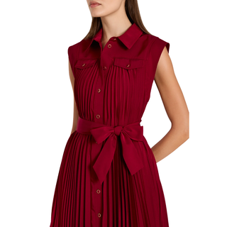 Milly - Johanna Pleated Twill Midi Dress in Burgundy