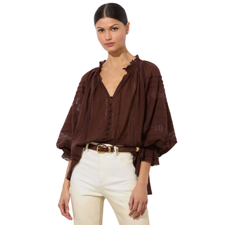 Alice + Olivia - Josephine Split Neck Blouse Ruffle Sleeve Mocha