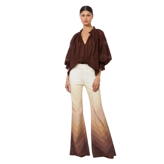 Alice + Olivia - Josephine Split Neck Blouse Ruffle Sleeve Mocha
