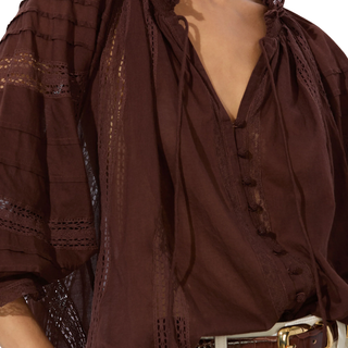Alice + Olivia - Josephine Split Neck Blouse Ruffle Sleeve Mocha