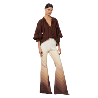 Alice + Olivia - Josephine Split Neck Blouse Ruffle Sleeve Mocha