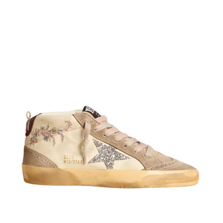 Golden Goose - Women's Mid Star in nappa leather with floral embroidery and silver glitter star