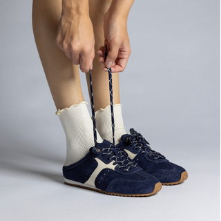 Larroude - Stella Mule In Navy Suede and Ivory Leather